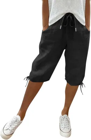 Linen Pants for Women Solid Color Casual Side Lace Summer Drawstring Pants with Pocket for Beach Vacations