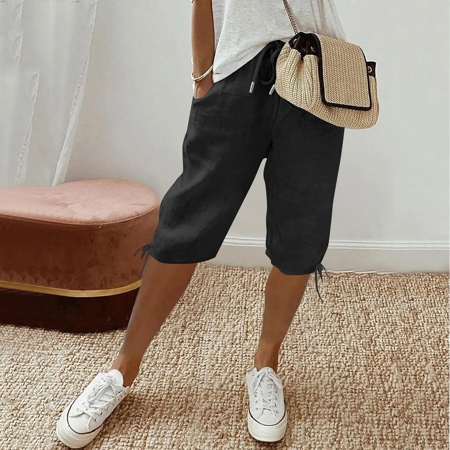 Linen Pants for Women Solid Color Casual Side Lace Summer Drawstring Pants with Pocket for Beach Vacations