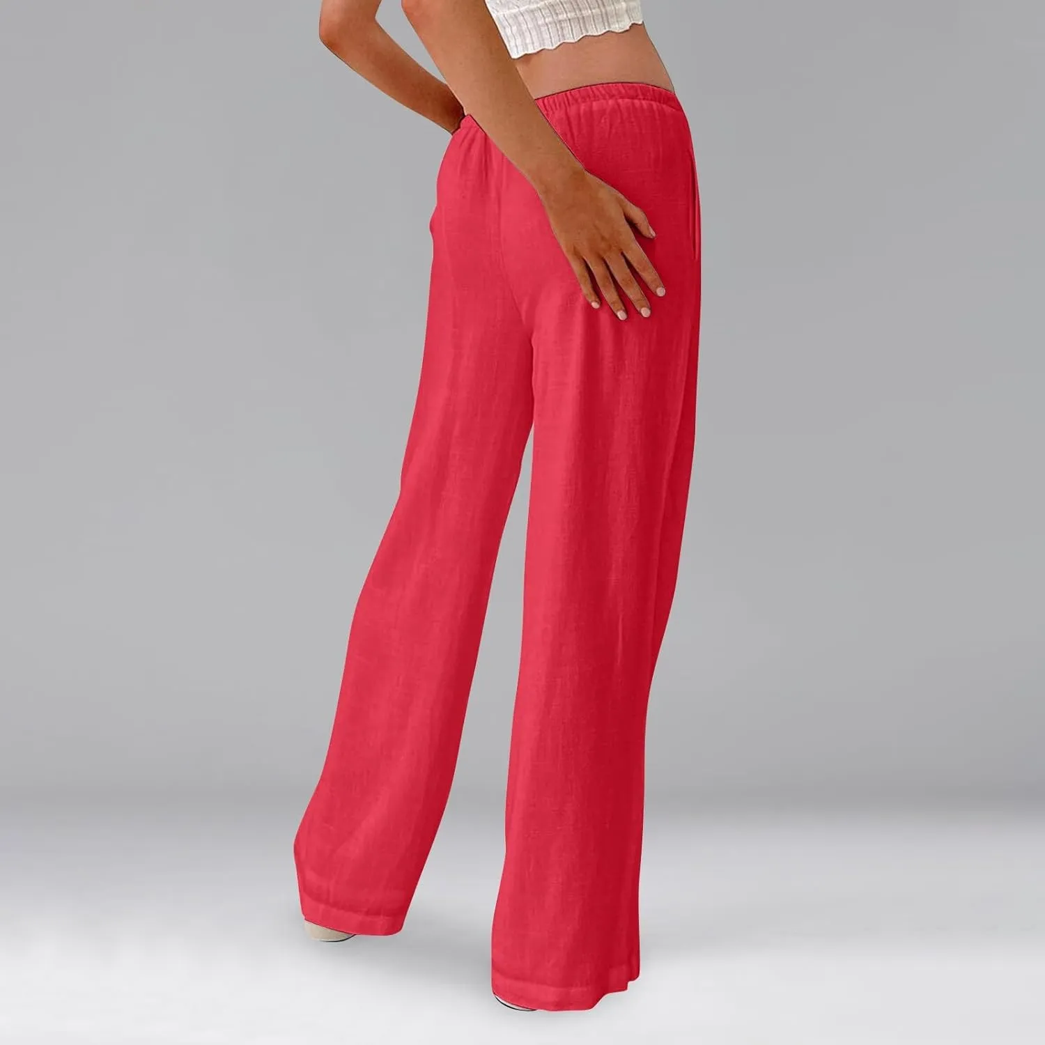Linen Pants for Women Summer High Waisted Drawstring Wide Leg Palazzo Pants Casual Boho Beach Trousers with Pockets