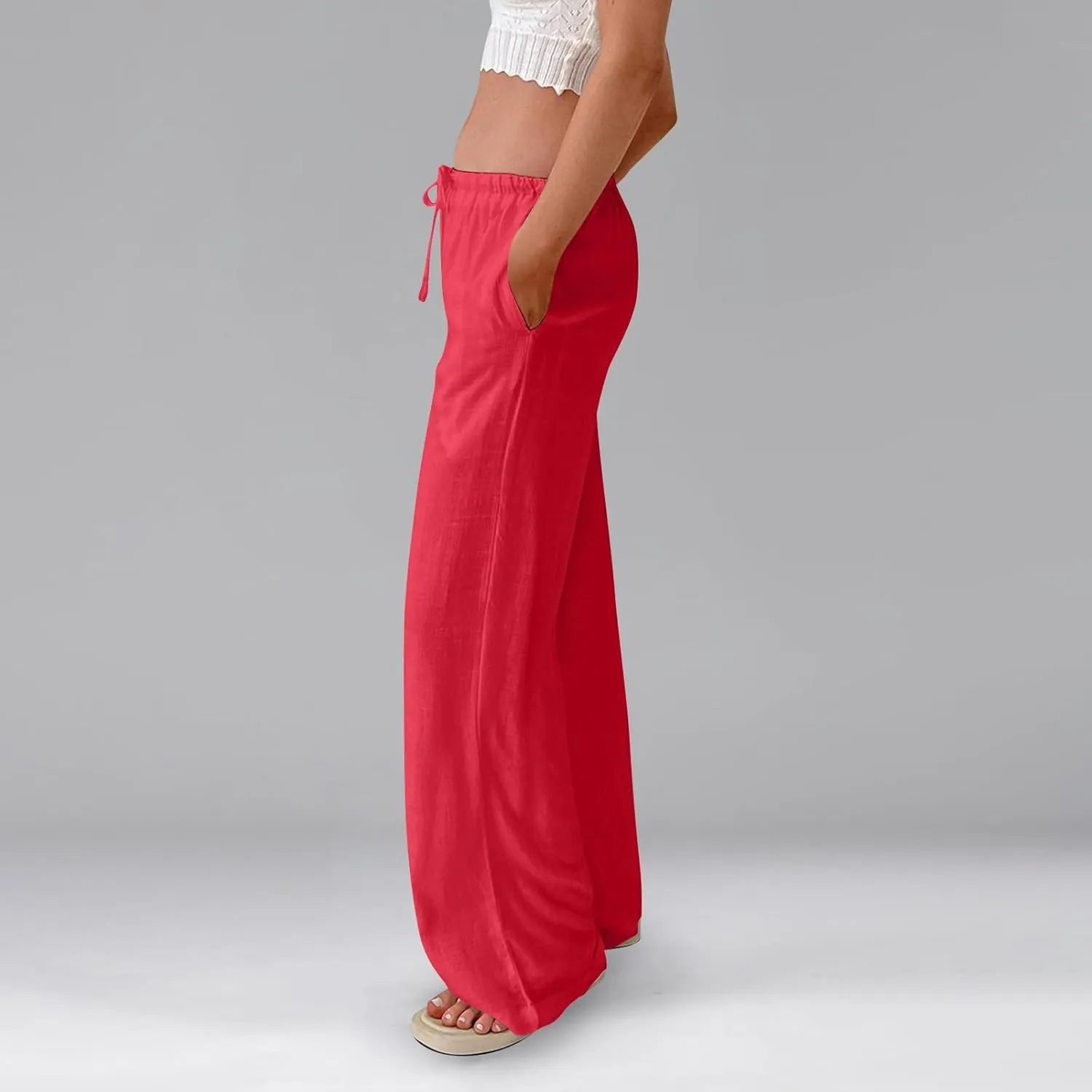 Linen Pants for Women Summer High Waisted Drawstring Wide Leg Palazzo Pants Casual Boho Beach Trousers with Pockets