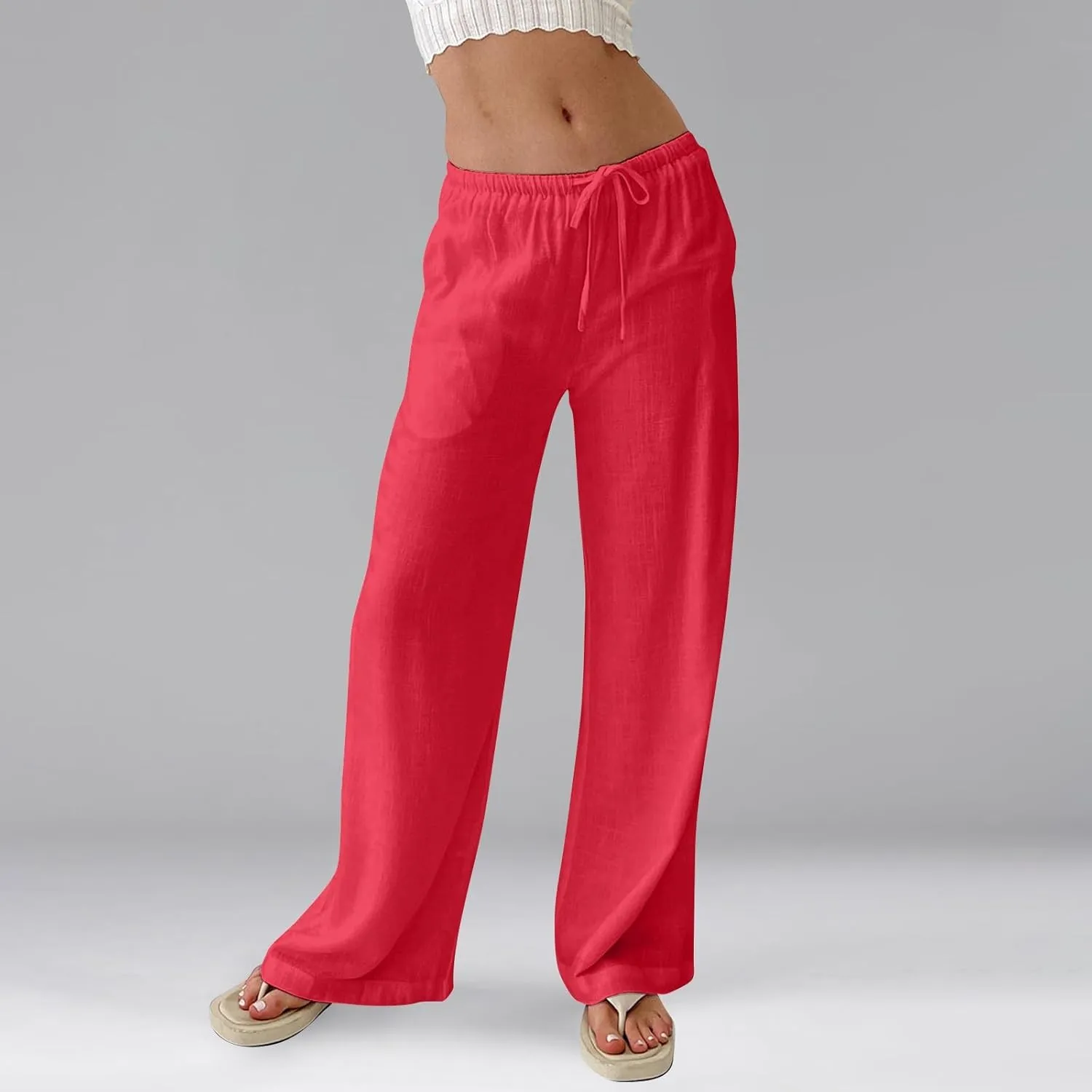 Linen Pants for Women Summer High Waisted Drawstring Wide Leg Palazzo Pants Casual Boho Beach Trousers with Pockets