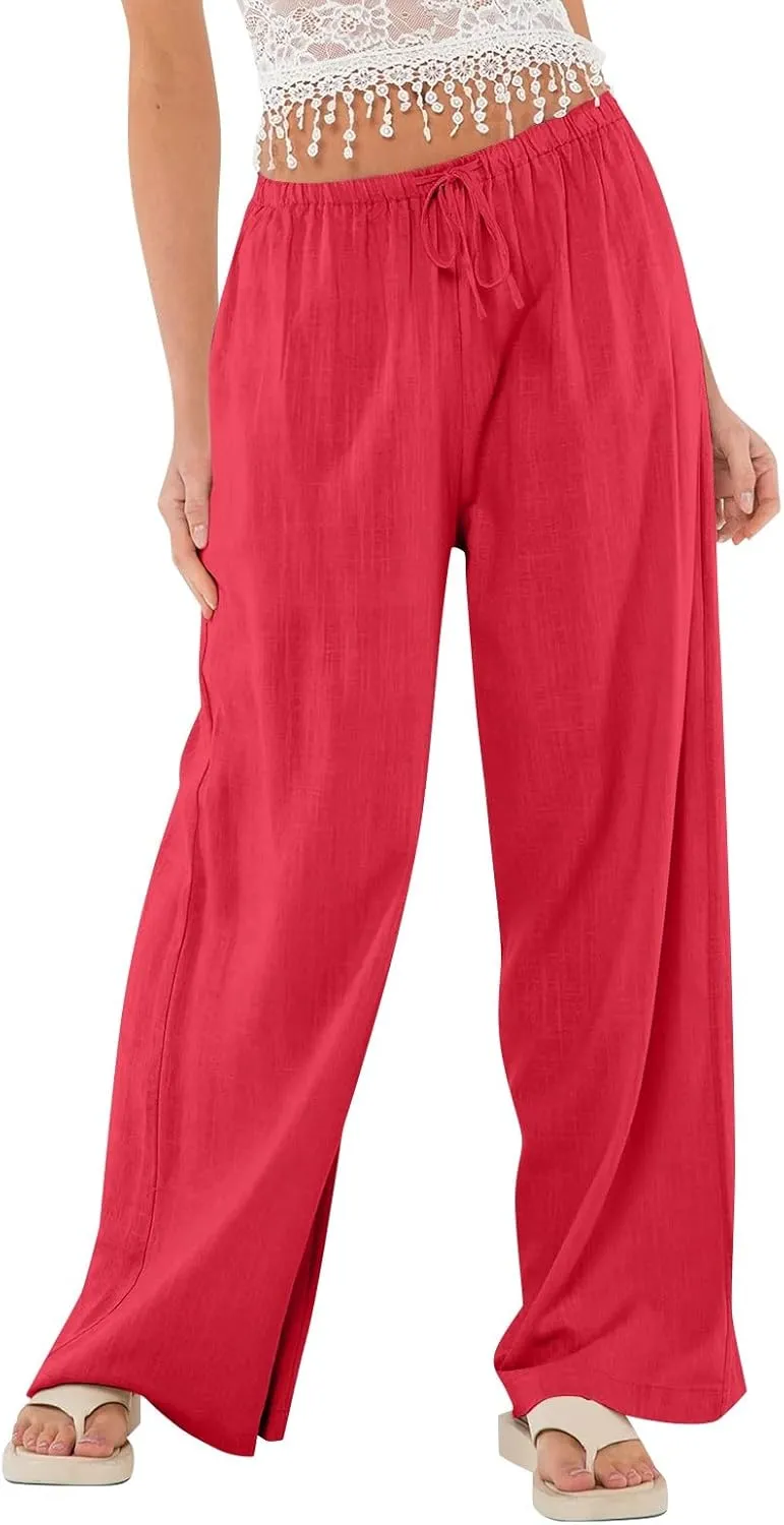Linen Pants for Women Summer High Waisted Drawstring Wide Leg Palazzo Pants Casual Boho Beach Trousers with Pockets
