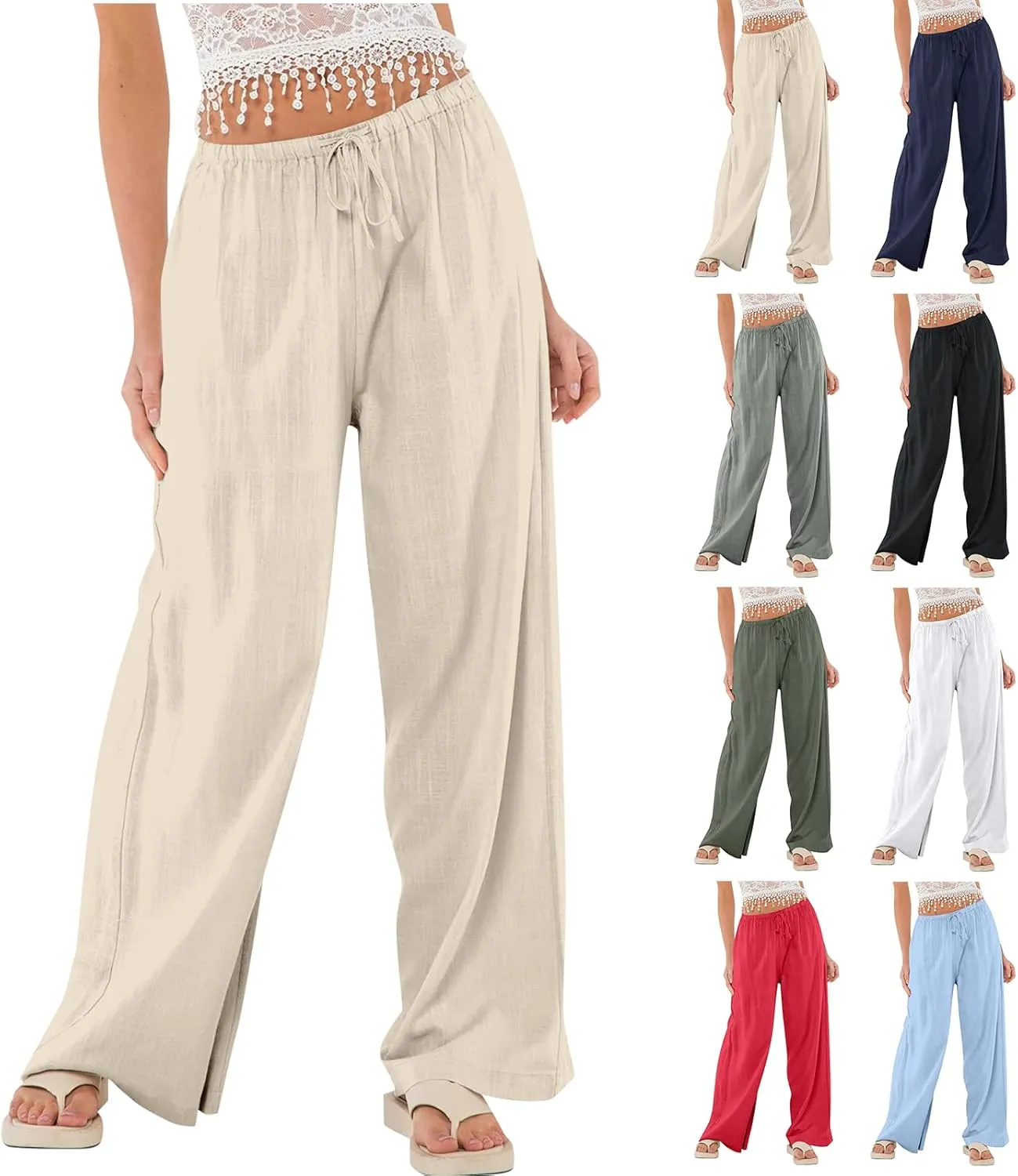 Linen Pants for Women Summer High Waisted Drawstring Wide Leg Palazzo Pants Casual Boho Beach Trousers with Pockets