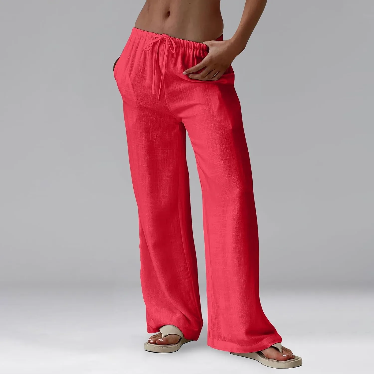 Linen Pants for Women Summer High Waisted Drawstring Wide Leg Palazzo Pants Casual Boho Beach Trousers with Pockets
