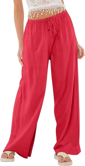 Linen Pants for Women Summer High Waisted Drawstring Wide Leg Palazzo Pants Casual Boho Beach Trousers with Pockets
