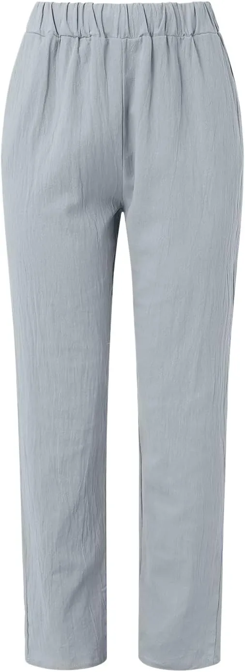 Linen Pants for Women Summer High Waisted Elastic Straight Leg Lounge Pants Casual Loose Lightweight Beach Trousers