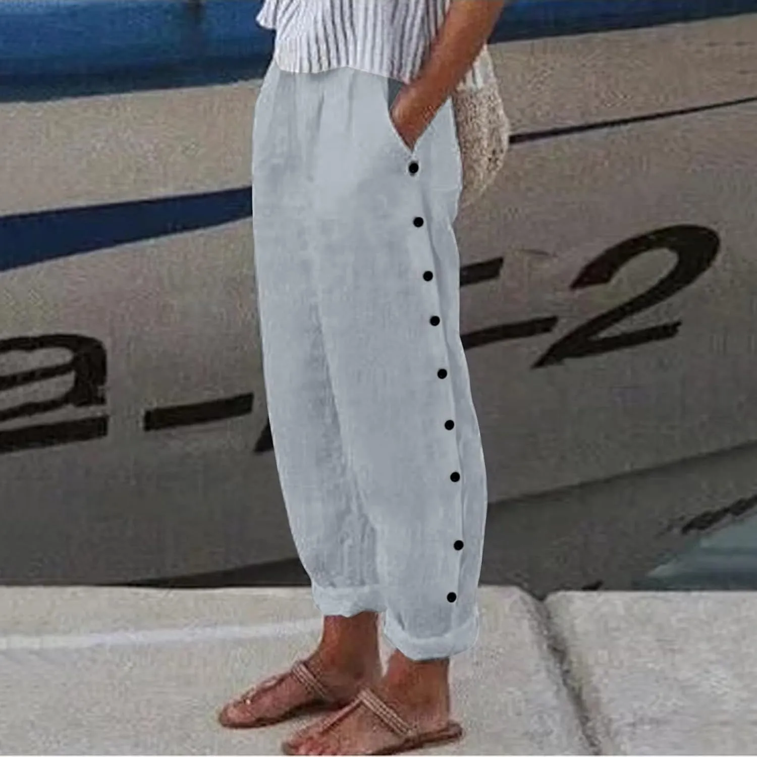 Linen Pants for Women Summer High Waisted Elastic Straight Leg Lounge Pants Casual Loose Lightweight Beach Trousers