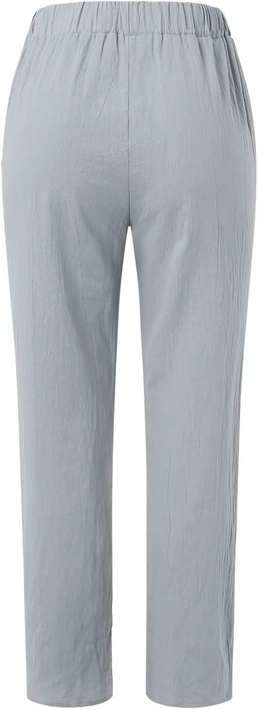 Linen Pants for Women Summer High Waisted Elastic Straight Leg Lounge Pants Casual Loose Lightweight Beach Trousers