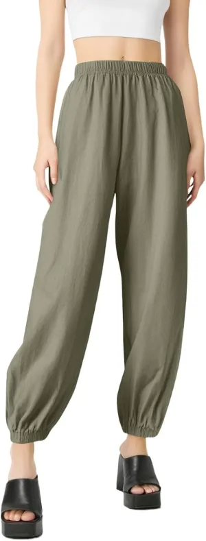 Linen Pants for Women Wide Leg Elastic Waist Pant Casual Loose Cotton Linen Palazzo Cropped Trousers with Pockets