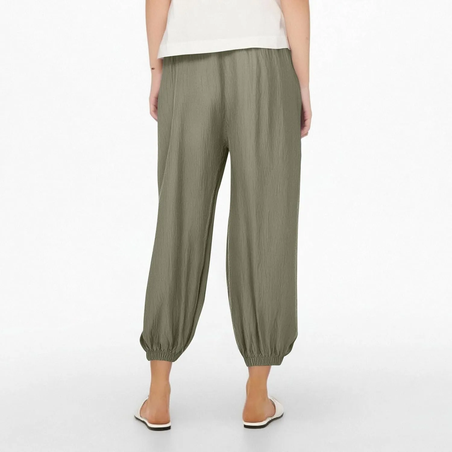 Linen Pants for Women Wide Leg Elastic Waist Pant Casual Loose Cotton Linen Palazzo Cropped Trousers with Pockets