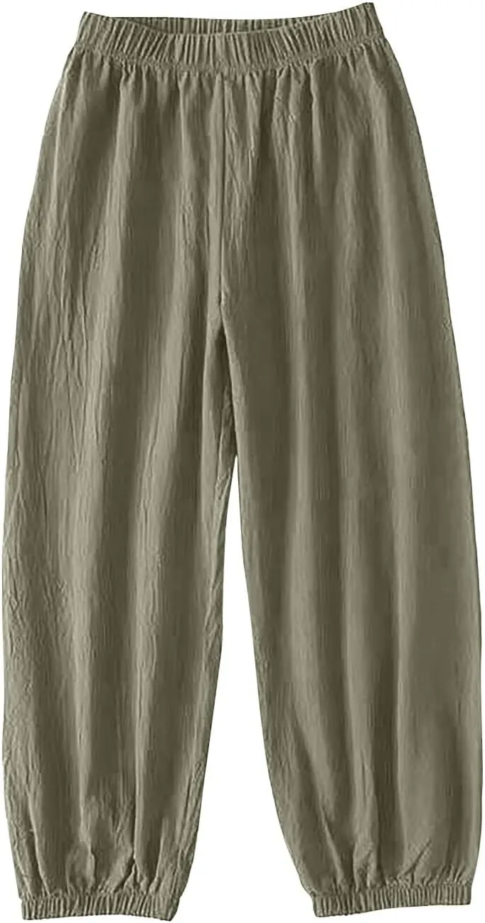 Linen Pants for Women Wide Leg Elastic Waist Pant Casual Loose Cotton Linen Palazzo Cropped Trousers with Pockets