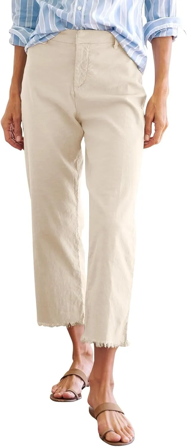 Linen Pants Women Button Summer Cotton Capri Pants for Women Stretch Cargo Loose Womens Capris Petite Short