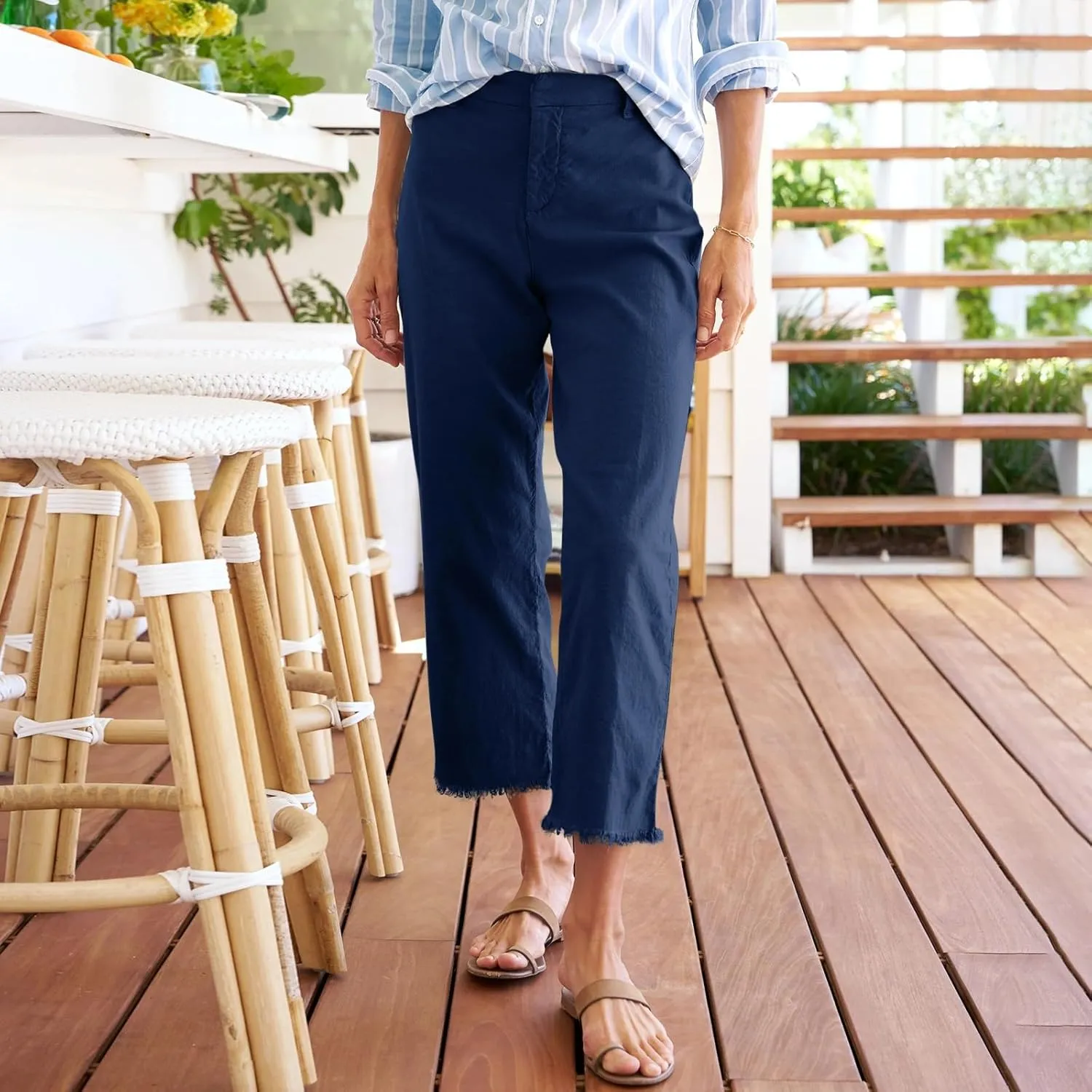 Linen Pants Women Button Summer Cotton Capri Pants for Women Stretch Cargo Loose Womens Capris Petite Short