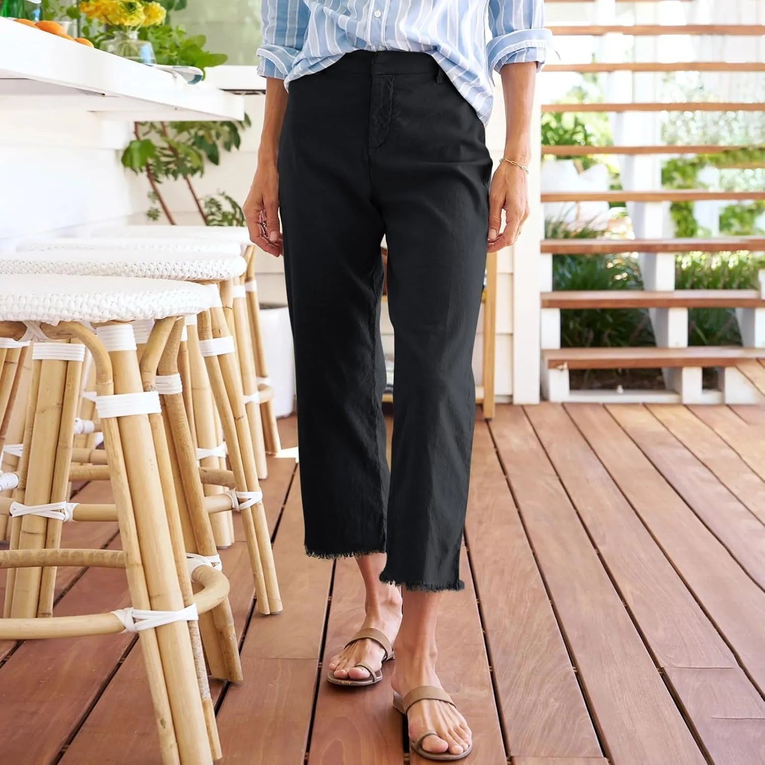 Linen Pants Women Button Summer Cotton Capri Pants for Women Stretch Cargo Loose Womens Capris Petite Short