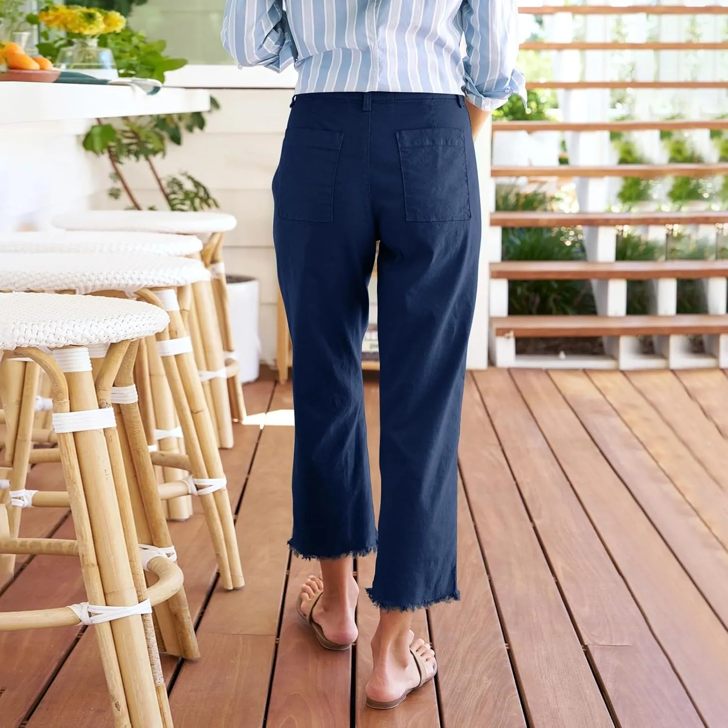 Linen Pants Women Button Summer Cotton Capri Pants for Women Stretch Cargo Loose Womens Capris Petite Short