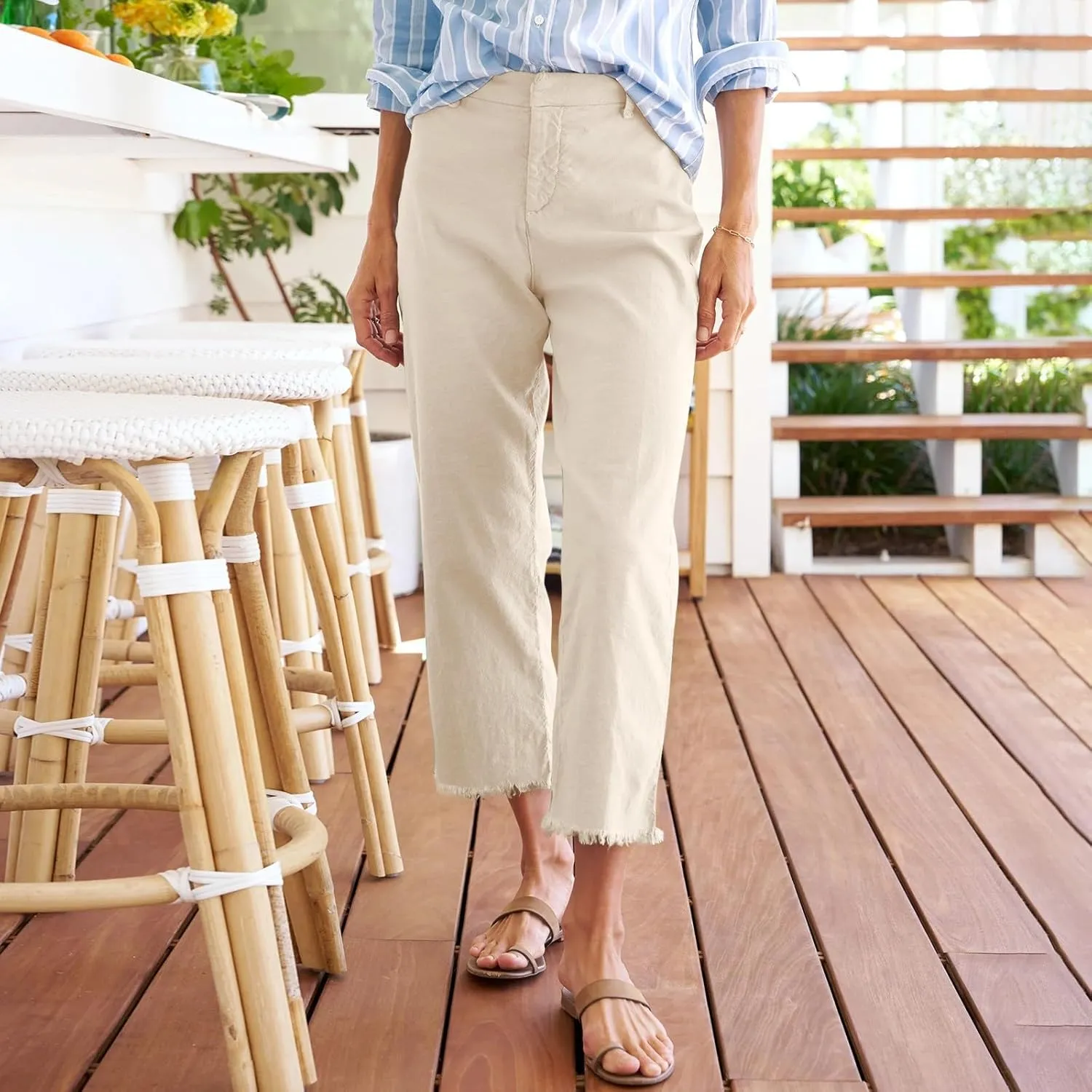 Linen Pants Women Button Summer Cotton Capri Pants for Women Stretch Cargo Loose Womens Capris Petite Short