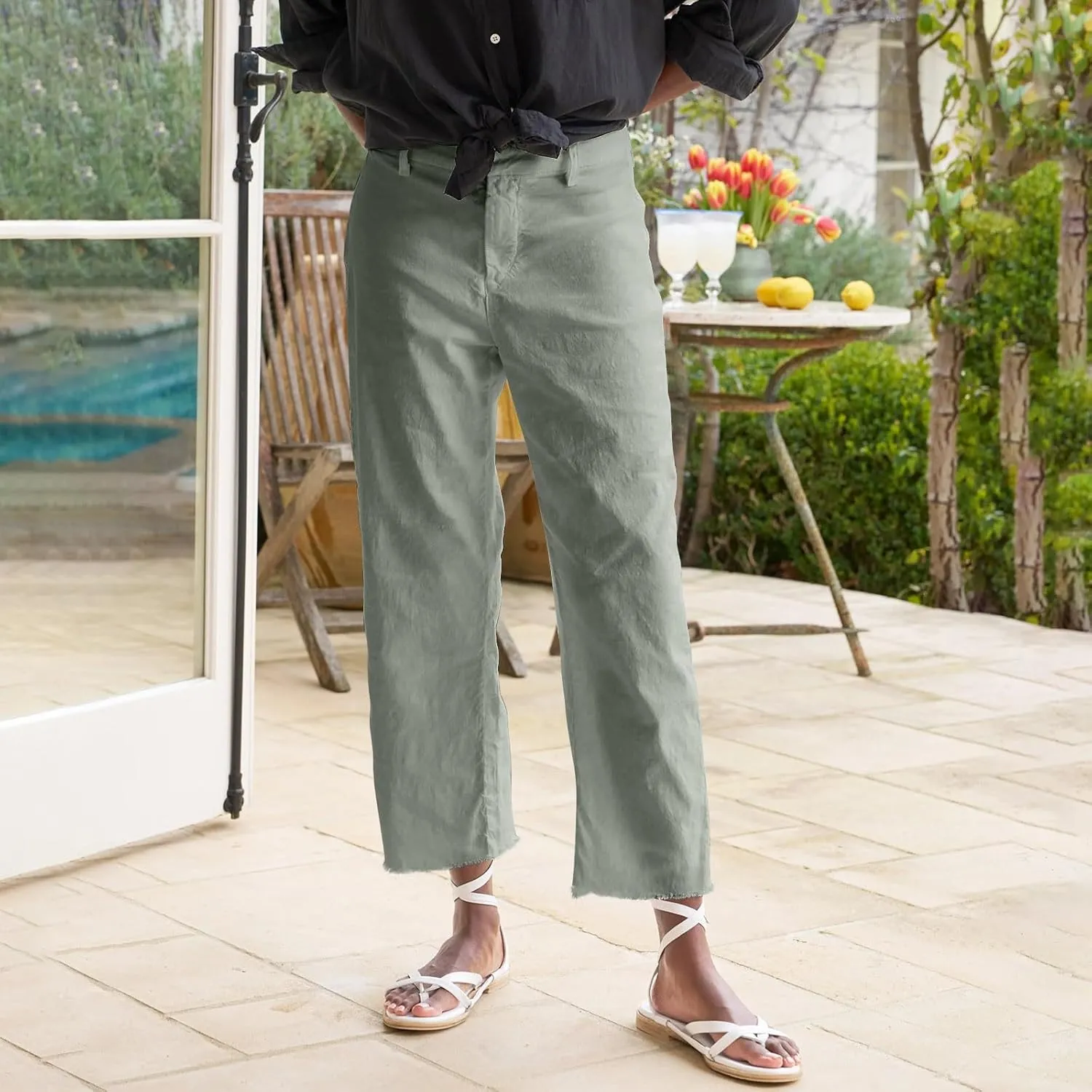 Linen Pants Women Button Summer Cotton Capri Pants for Women Stretch Cargo Loose Womens Capris Petite Short