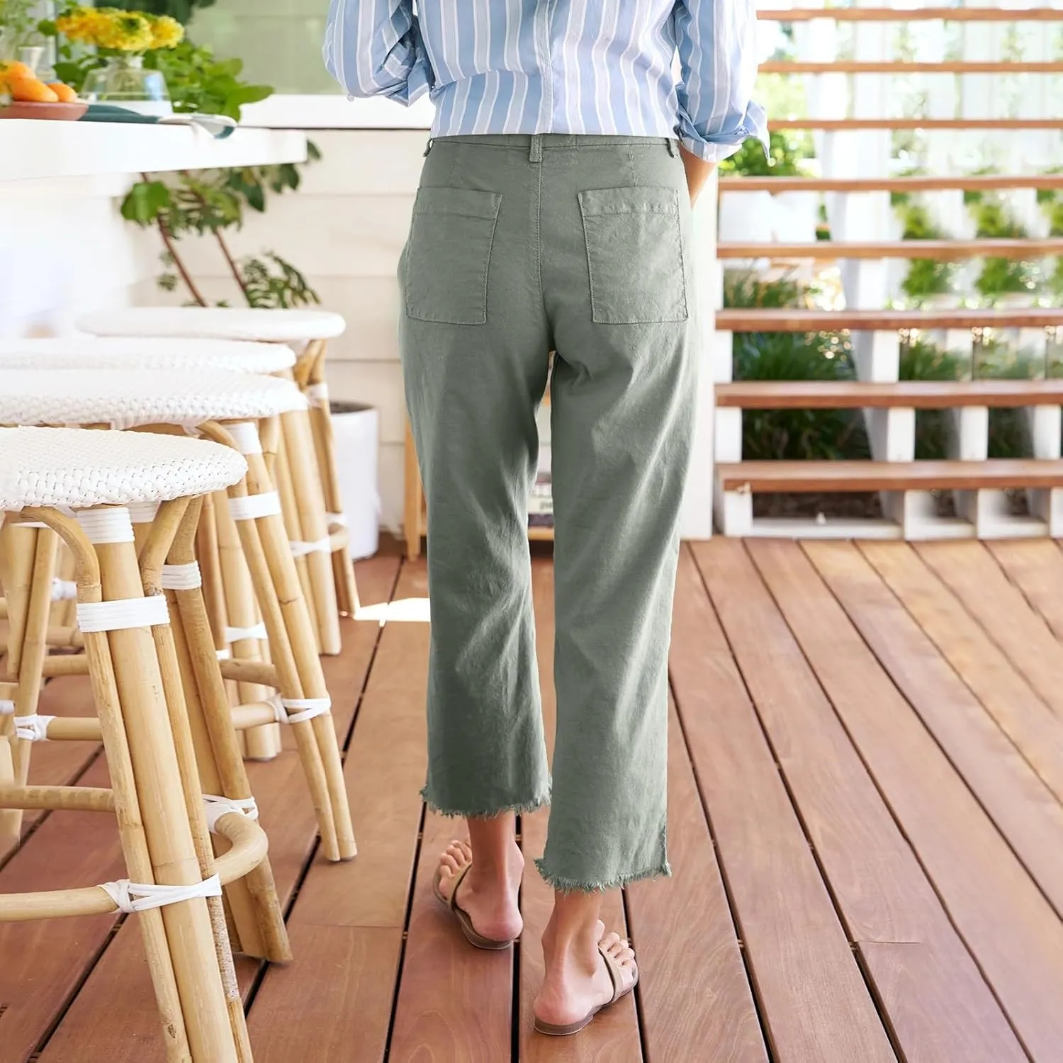 Linen Pants Women Button Summer Cotton Capri Pants for Women Stretch Cargo Loose Womens Capris Petite Short