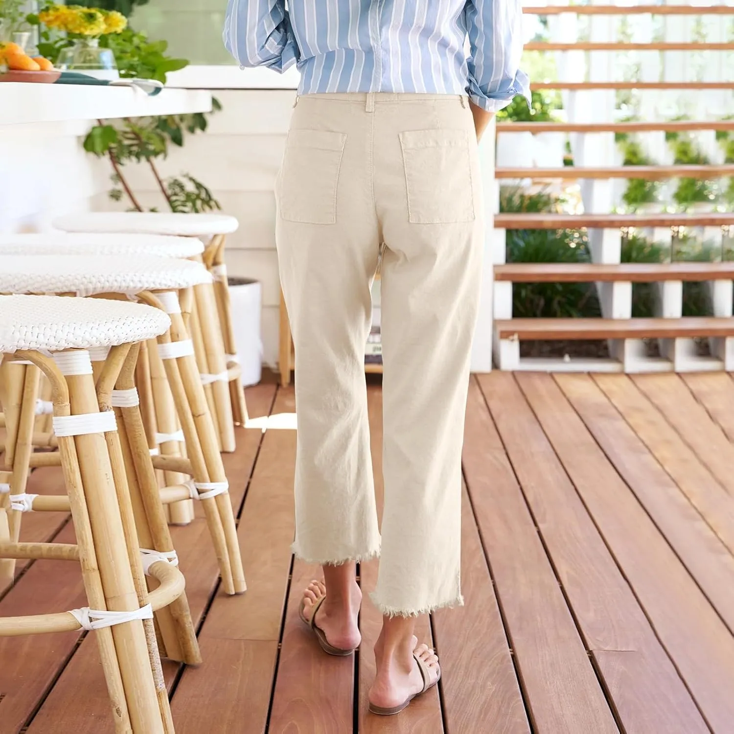 Linen Pants Women Button Summer Cotton Capri Pants for Women Stretch Cargo Loose Womens Capris Petite Short