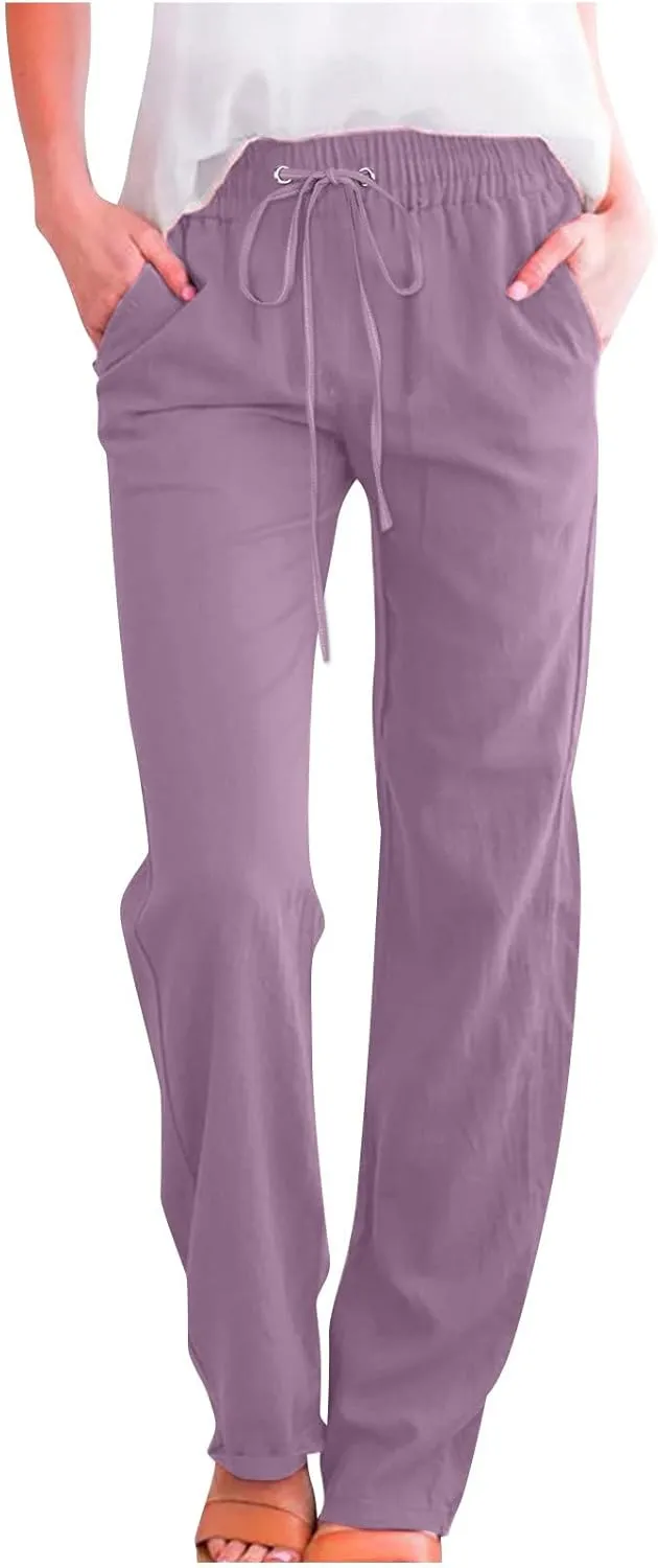 Linen Pants Women Casual Straight Leg Pants High Waist Drawstring Loose Fit Summer Pants Trousers with Pocket