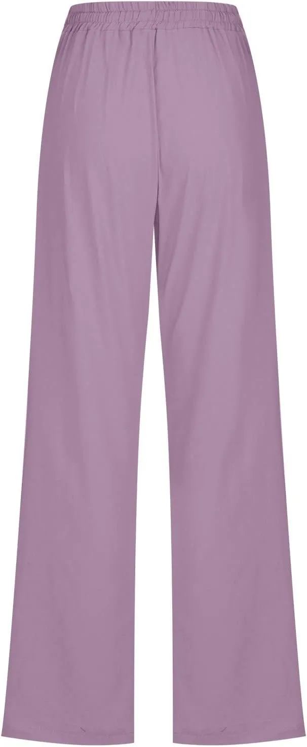 Linen Pants Women Casual Straight Leg Pants High Waist Drawstring Loose Fit Summer Pants Trousers with Pocket