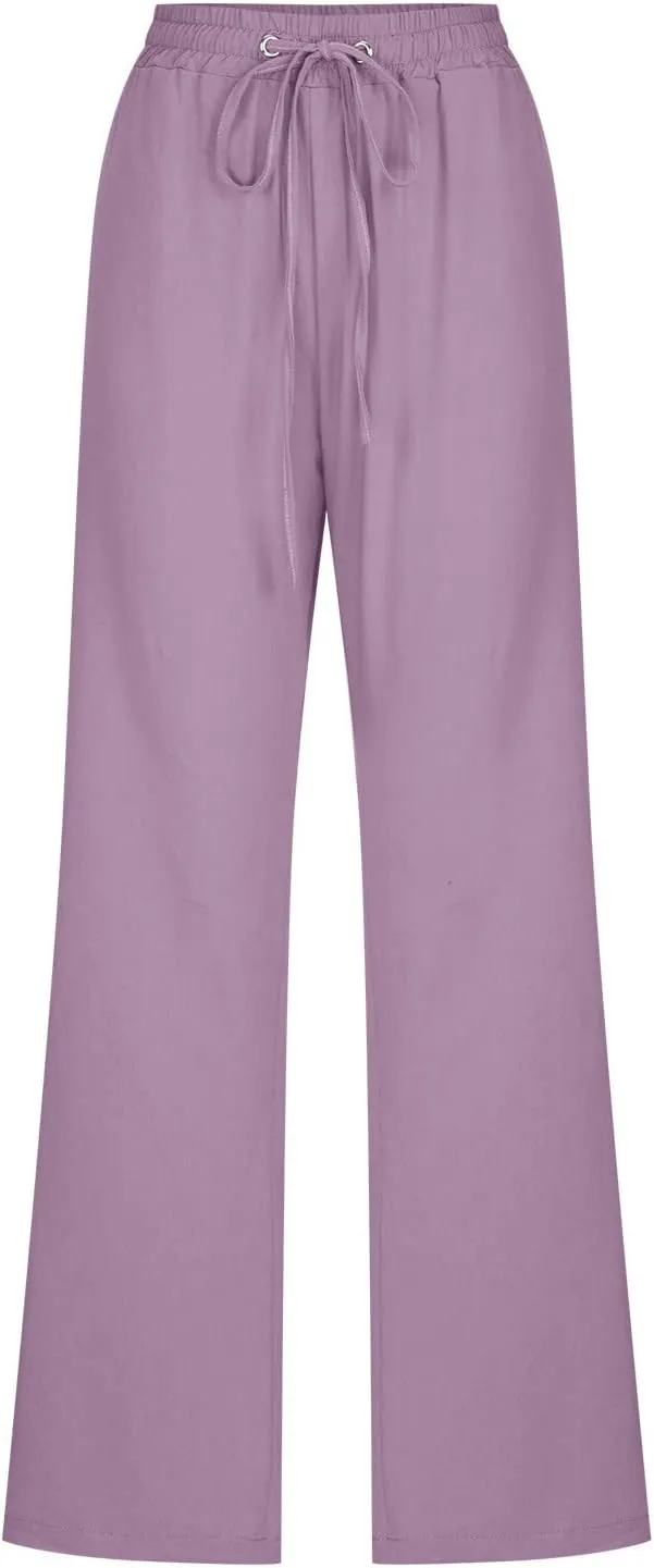 Linen Pants Women Casual Straight Leg Pants High Waist Drawstring Loose Fit Summer Pants Trousers with Pocket