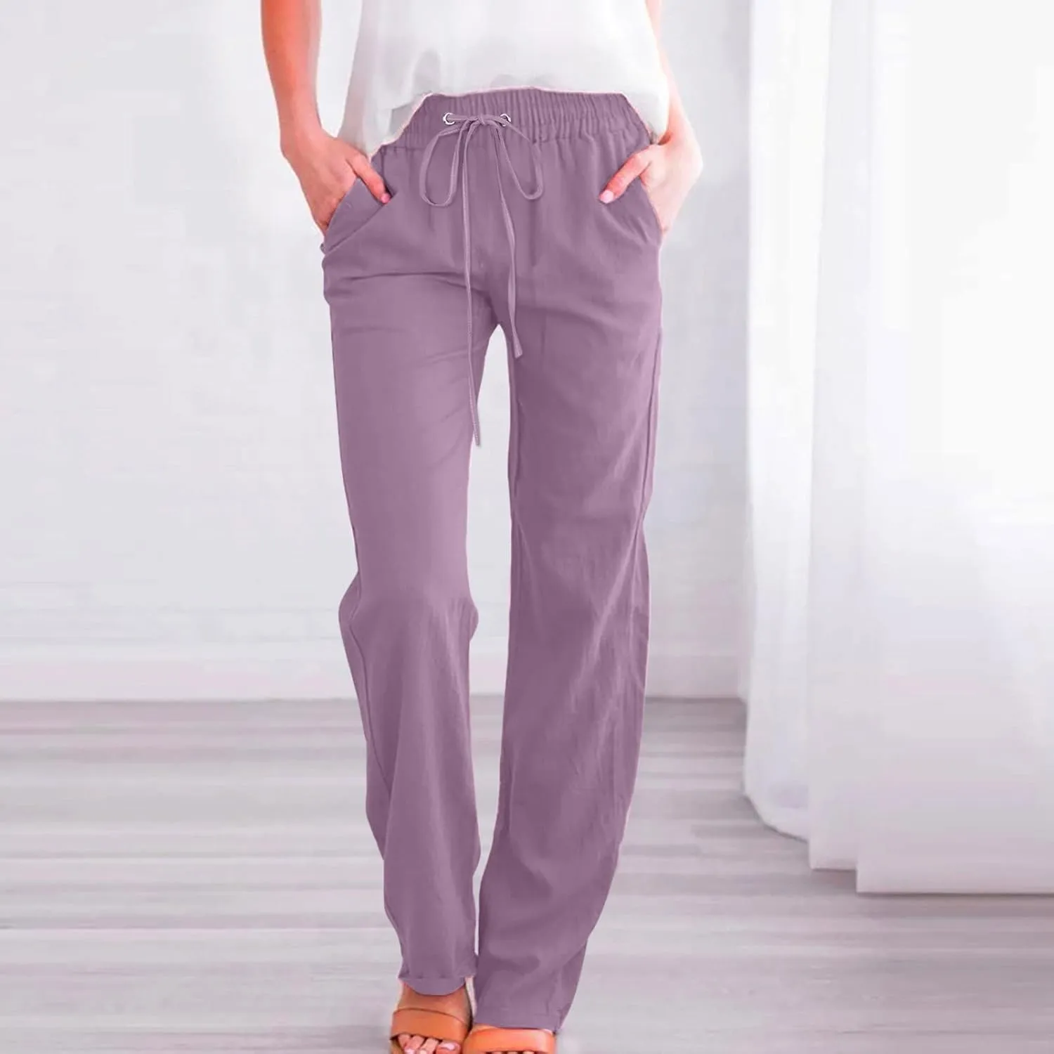 Linen Pants Women Casual Straight Leg Pants High Waist Drawstring Loose Fit Summer Pants Trousers with Pocket