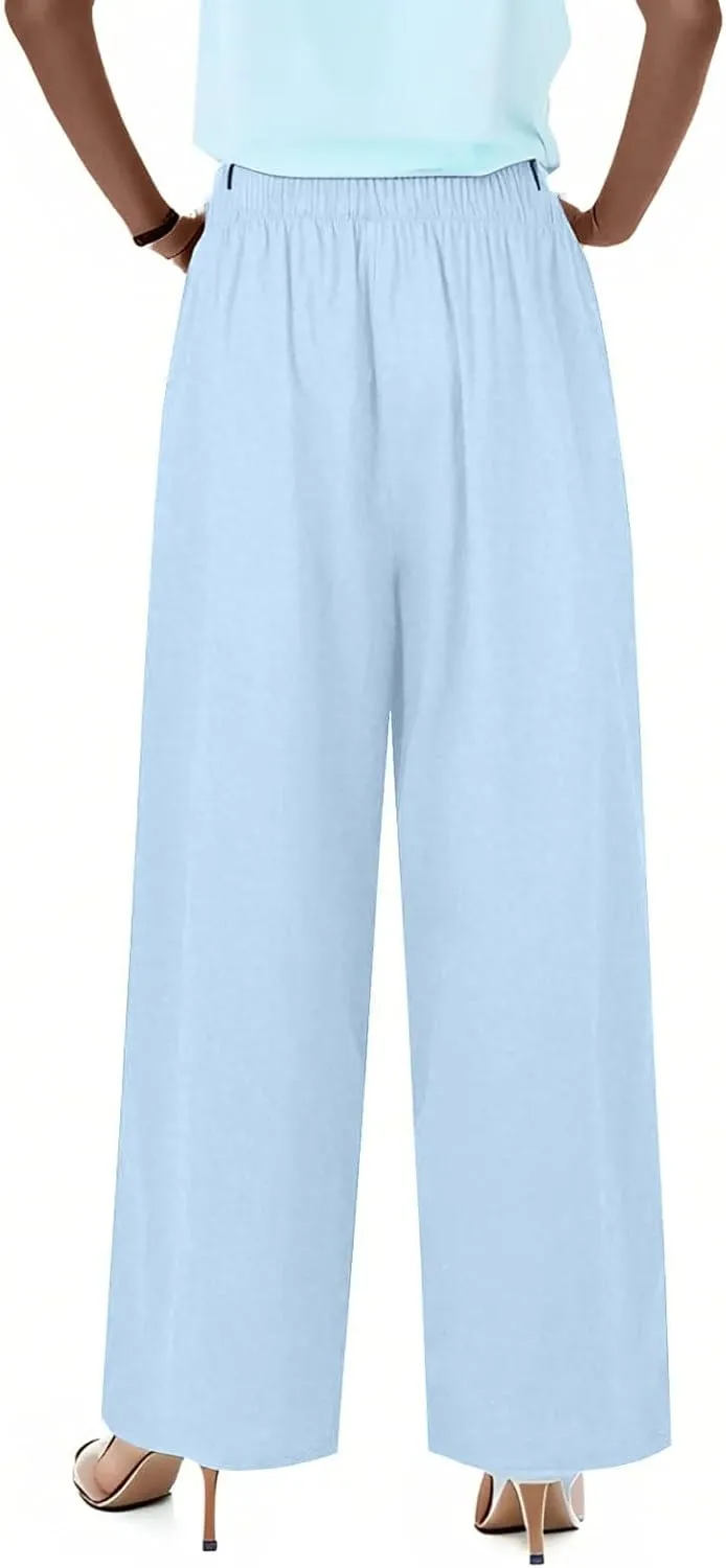 Linen Pants Women Drawstring Elastic Waist Wide Leg Loose Fit Summer Trouser Palazzo Pants Women with Pockets
