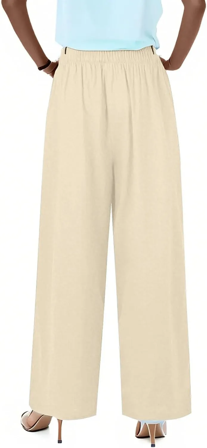 Linen Pants Women Drawstring Elastic Waist Wide Leg Loose Fit Summer Trouser Palazzo Pants Women with Pockets
