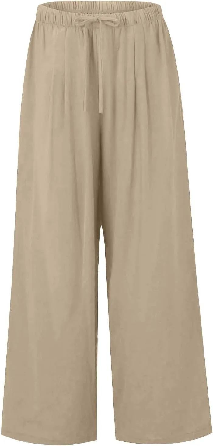 Linen Pants Women Drawstring Elastic Waist Wide Leg Loose Fit Summer Trouser Palazzo Pants Women with Pockets