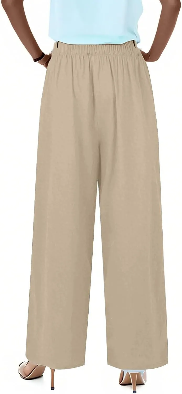 Linen Pants Women Drawstring Elastic Waist Wide Leg Loose Fit Summer Trouser Palazzo Pants Women with Pockets