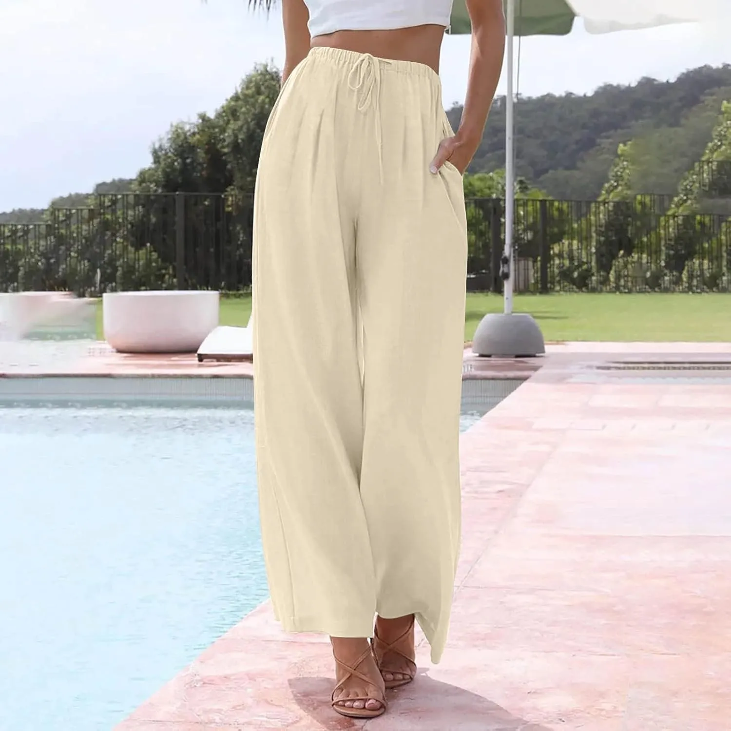 Linen Pants Women Drawstring Elastic Waist Wide Leg Loose Fit Summer Trouser Palazzo Pants Women with Pockets