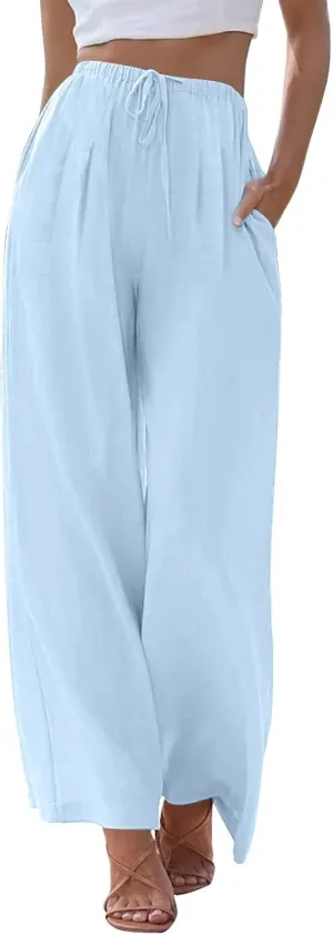 Linen Pants Women Drawstring Elastic Waist Wide Leg Loose Fit Summer Trouser Palazzo Pants Women with Pockets