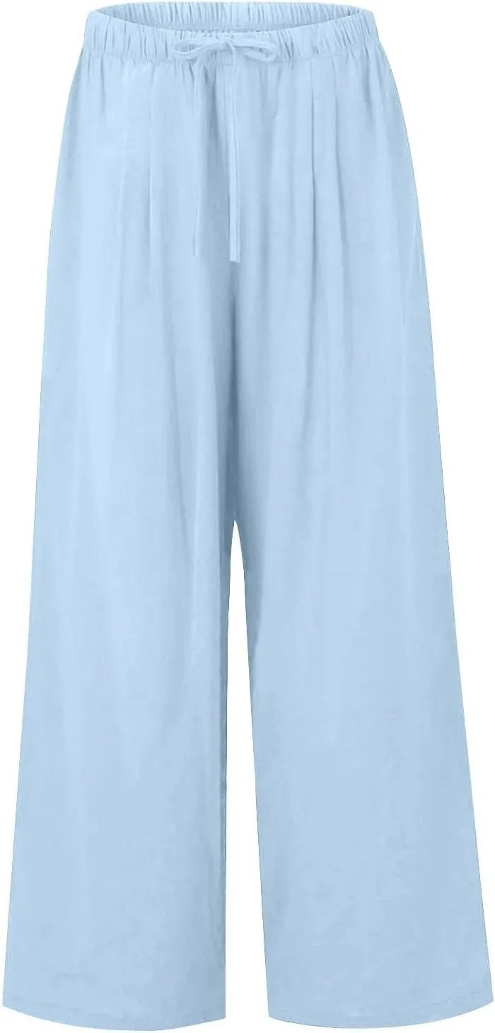 Linen Pants Women Drawstring Elastic Waist Wide Leg Loose Fit Summer Trouser Palazzo Pants Women with Pockets