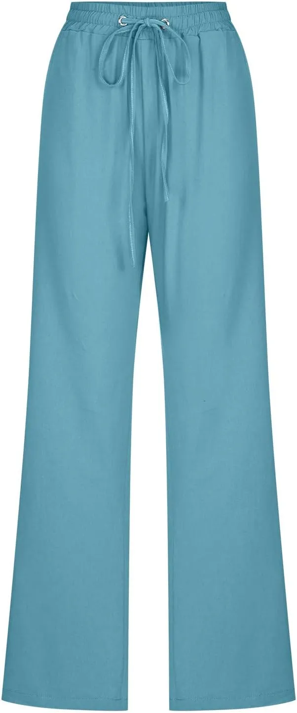 Linen Pants Women High Waist Straight Leg Casual Loose Summer Beach Lightweight Drawstring Cotton Linen Pant Trousers