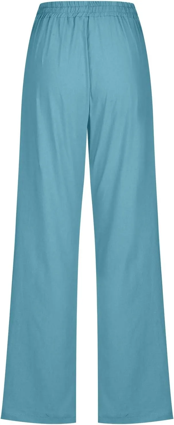Linen Pants Women High Waist Straight Leg Casual Loose Summer Beach Lightweight Drawstring Cotton Linen Pant Trousers