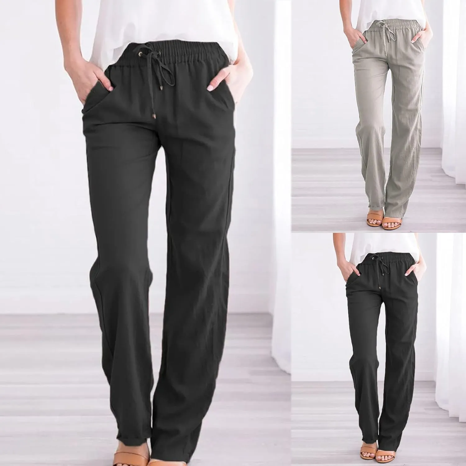 Linen Pants Women High Waist Straight Leg Casual Loose Summer Beach Lightweight Drawstring Cotton Linen Pant Trousers
