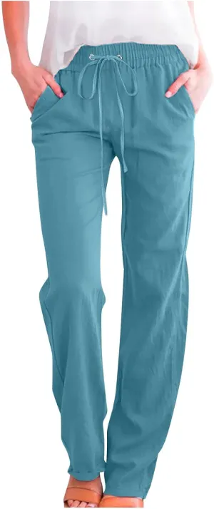 Linen Pants Women High Waist Straight Leg Casual Loose Summer Beach Lightweight Drawstring Cotton Linen Pant Trousers