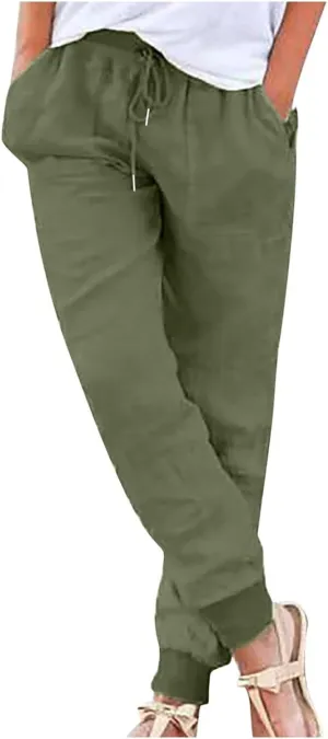 Linen Pants Women Palazzo Pants Petite Dressy Elastic Waist Tapered Leg Summer Casual Jogger Lightweight Trousers