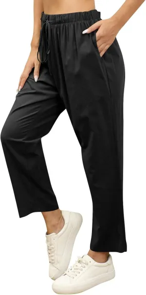 Linen Pants Women Summer Casual Cotton Linen Trousers High Waisted Drawstring Elastic Waist Beach Lounge Pants