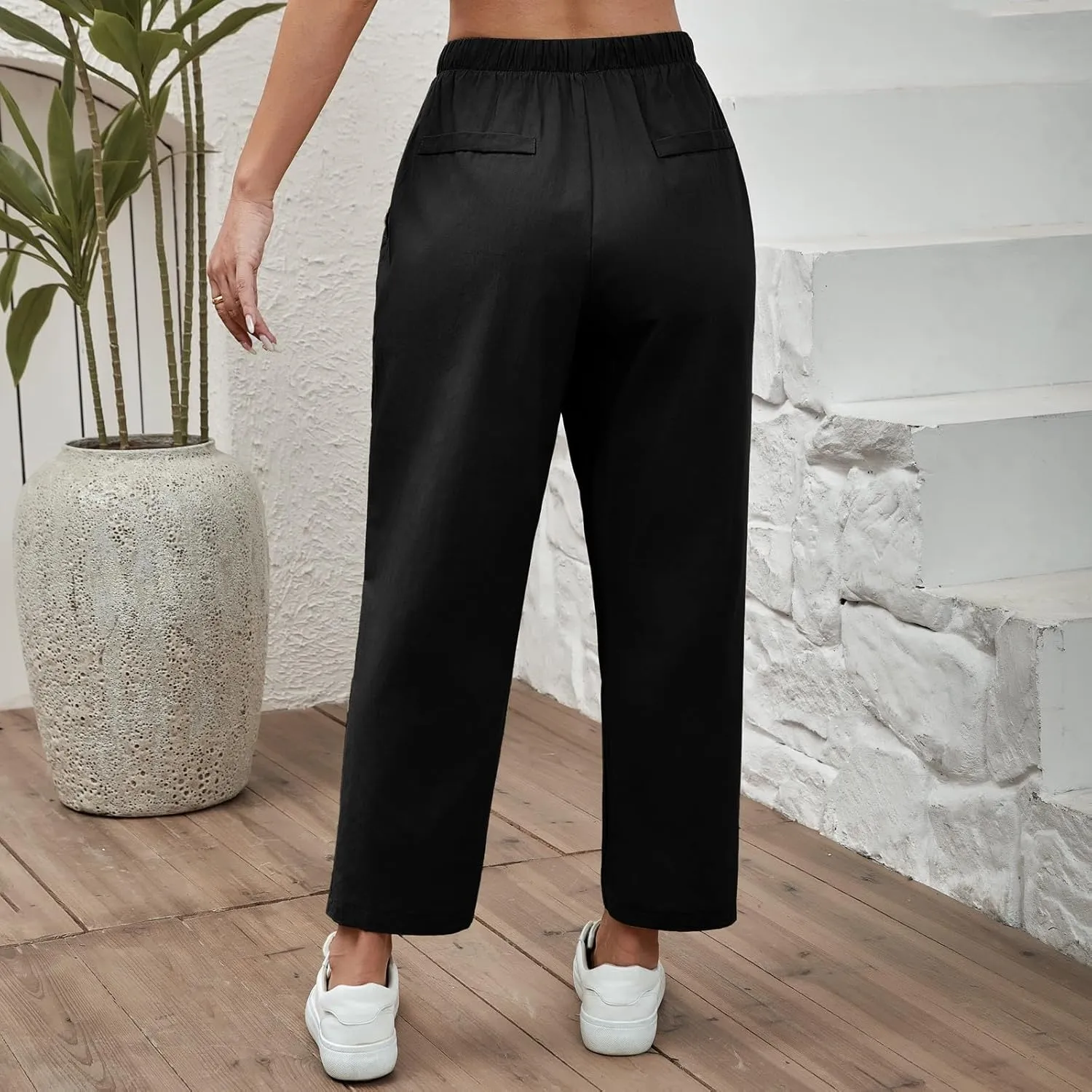 Linen Pants Women Summer Casual Cotton Linen Trousers High Waisted Drawstring Elastic Waist Beach Lounge Pants