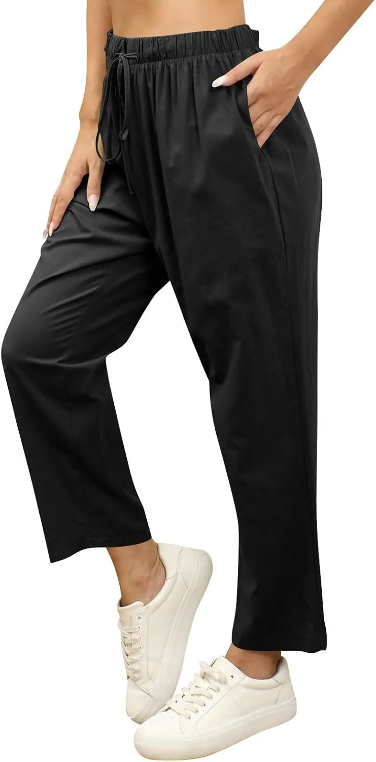 Linen Pants Women Summer Casual Cotton Linen Trousers High Waisted Drawstring Elastic Waist Beach Lounge Pants