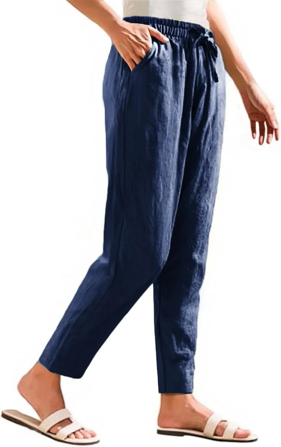 Linen Pants Women Wide Leg Elastic Drawstring Pants Women Lounge Comfy Casual Summer Beach Trousers with Pockets