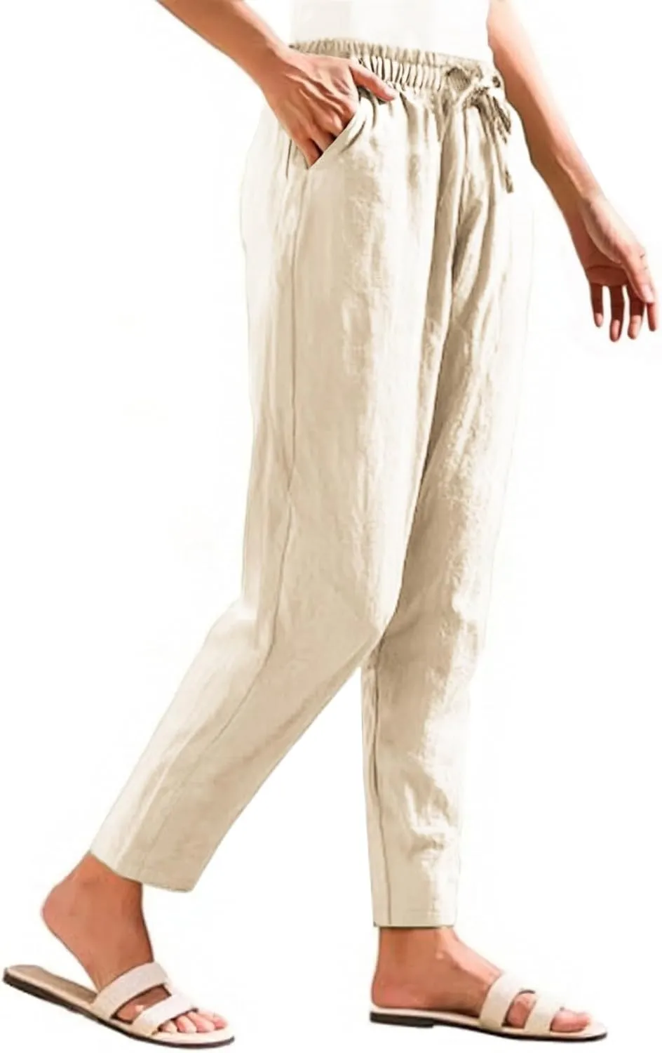 Linen Pants Women Wide Leg Elastic Drawstring Pants Women Lounge Comfy Casual Summer Beach Trousers with Pockets