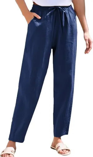Linen Pants Women Wide Leg Elastic Drawstring Pants Women Lounge Comfy Casual Summer Beach Trousers with Pockets