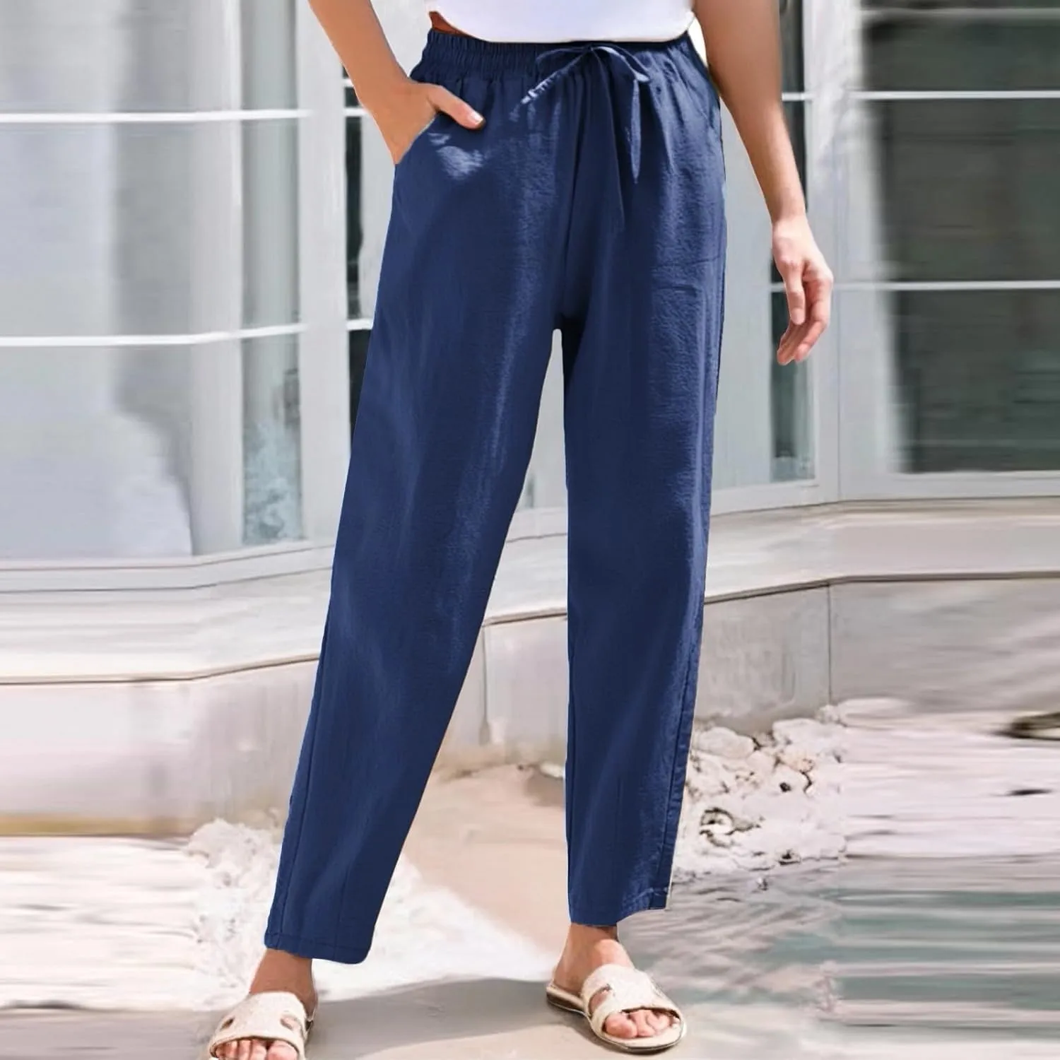 Linen Pants Women Wide Leg Elastic Drawstring Pants Women Lounge Comfy Casual Summer Beach Trousers with Pockets