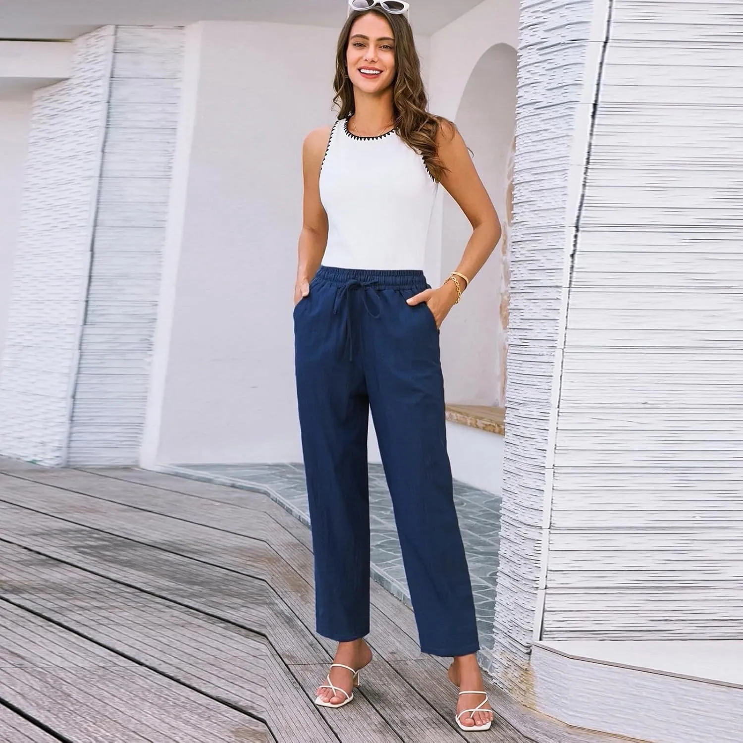 Linen Pants Women Wide Leg Elastic Drawstring Pants Women Lounge Comfy Casual Summer Beach Trousers with Pockets