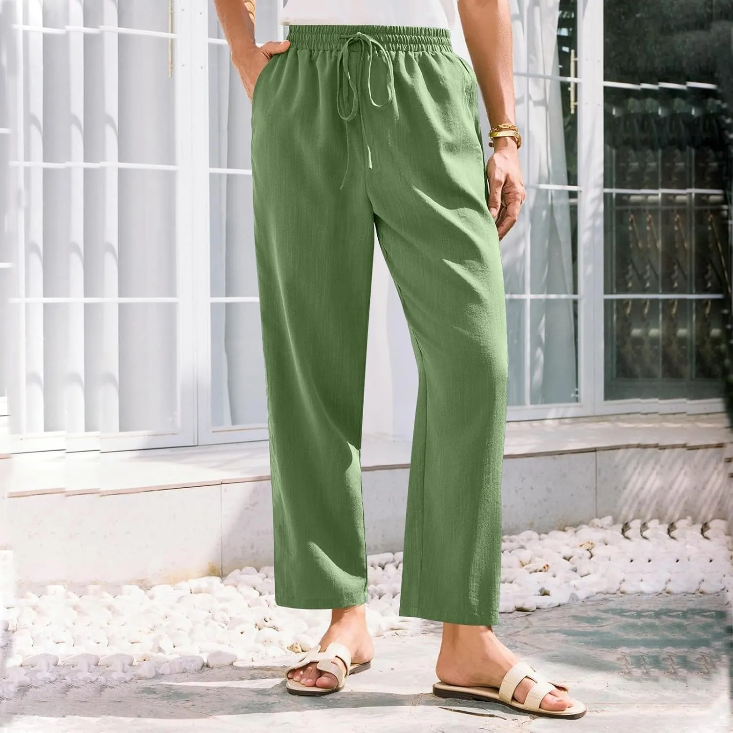 Linen Pants Women Wide Leg Elastic Drawstring Pants Women Lounge Comfy Summer Casual Beach Trousers with Pockets