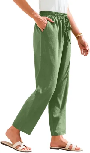 Linen Pants Women Wide Leg Elastic Drawstring Pants Women Lounge Comfy Summer Casual Beach Trousers with Pockets