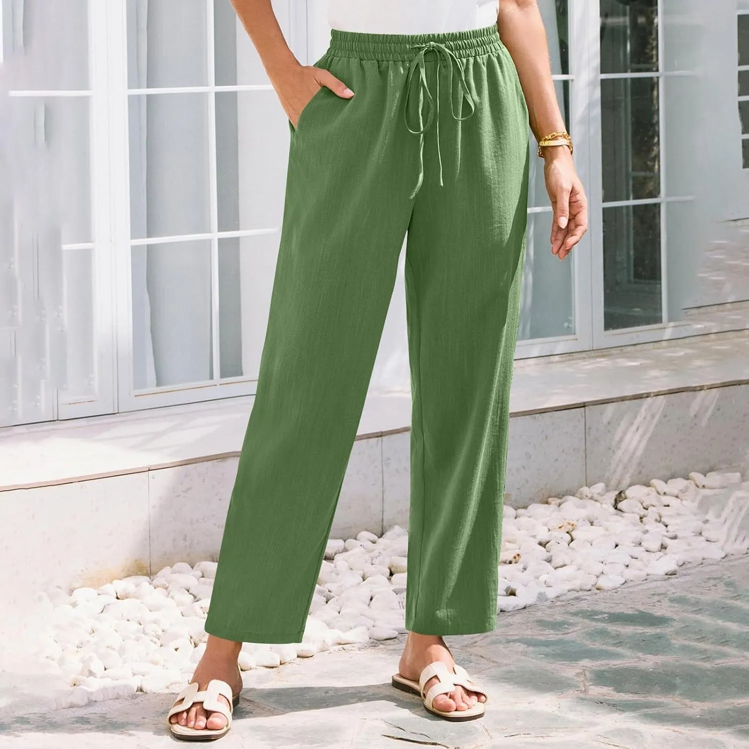 Linen Pants Women Wide Leg Elastic Drawstring Pants Women Lounge Comfy Summer Casual Beach Trousers with Pockets